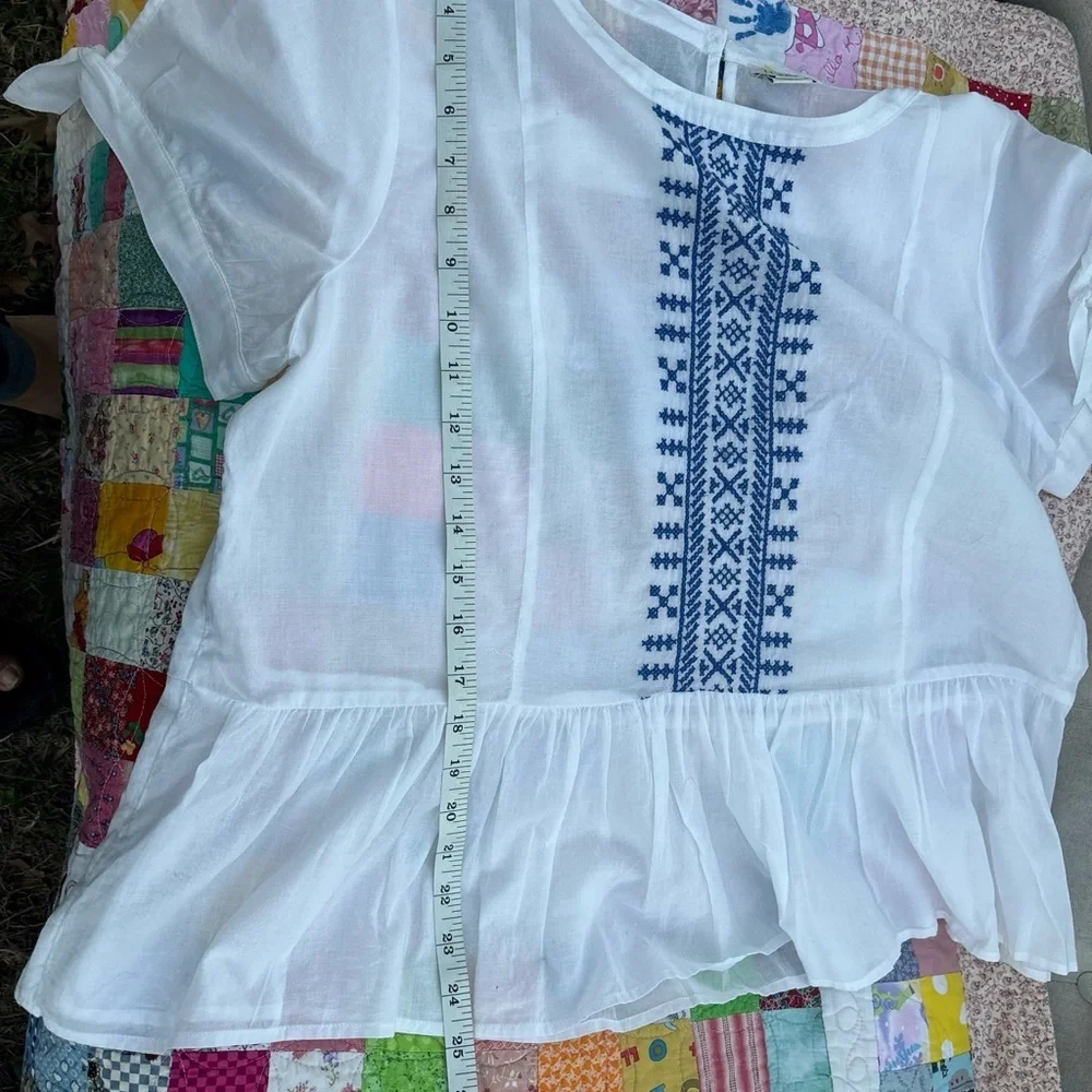 J. Crew White Top with Blue Embroidered Front